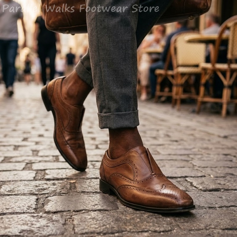 Men'S Shoes Brogues - Мужские коричневые кожаные туфли-броги на резинке